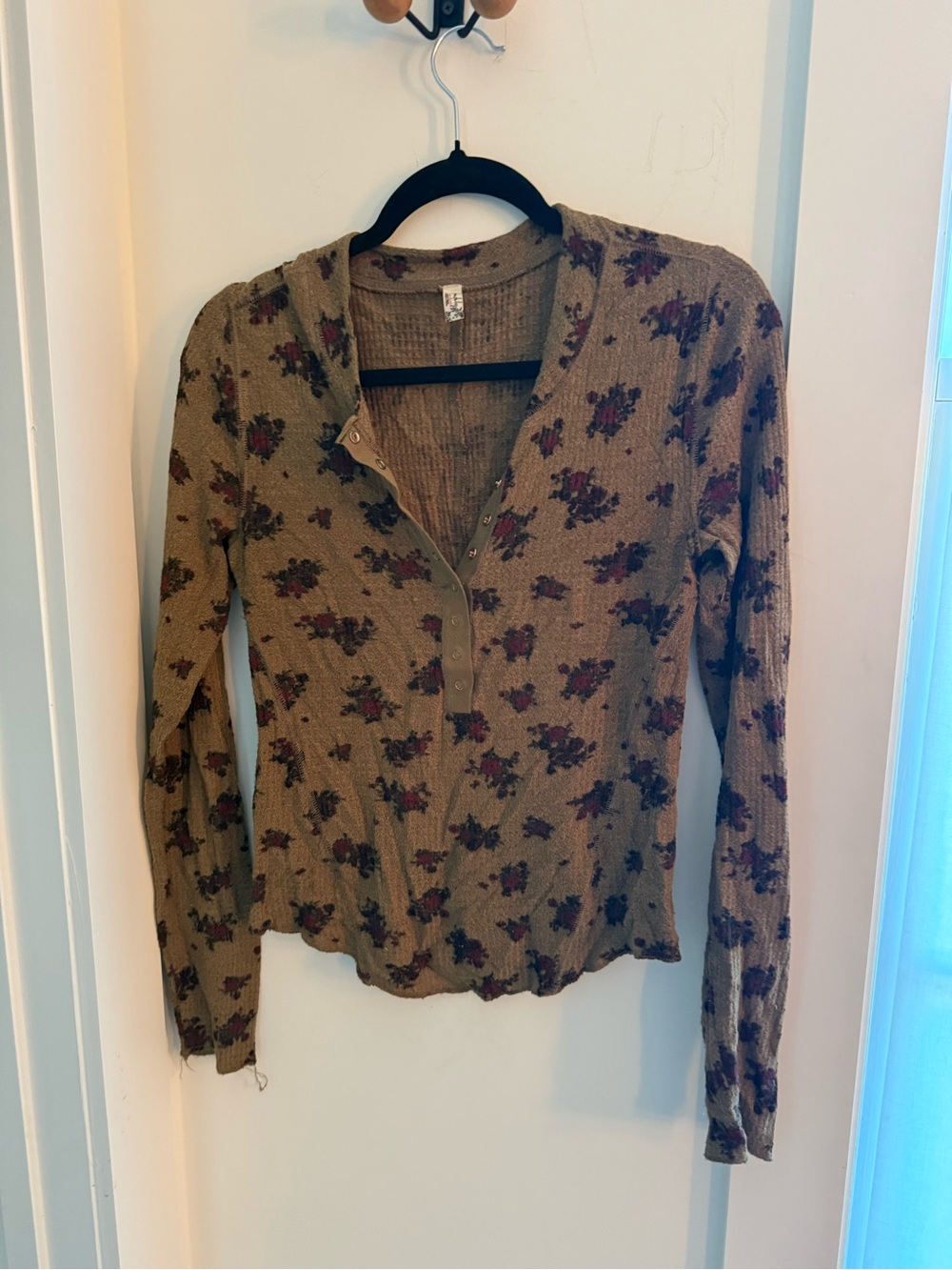 Free People Olive Floral Waffle Henley Long Sleeve